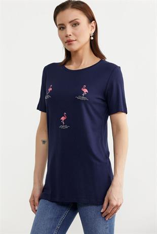 75959 Taş Detay Dökümlü Flamingo Baskı Kısa Kol Penye Tshirt