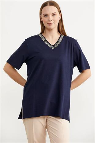 75978 VYakaa Nakışlı Detay Dökümlü Kısa Kol Tshirt