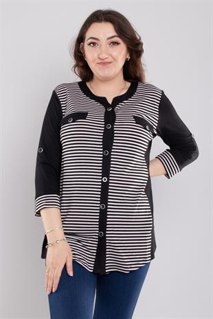 75997 Truvakar Kol Cep Detaylı Çizgili Tshirt