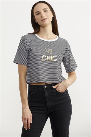 75999 Parlak Baskılı Çizgili Crop Tshirt