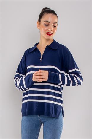 760 Polo Yaka Fermuar ve Çizgili Merserize Kadın Triko