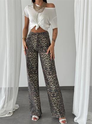 7613 Wide Leg Leopar Yüksek Bel Bol Paça Pantolon