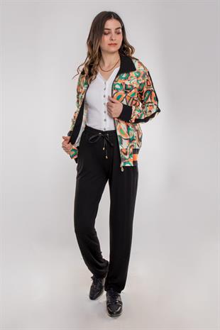 76165 Çok Renkli Desen Kombinli Cepli Pamuklu Kadın Eşofman Takımı