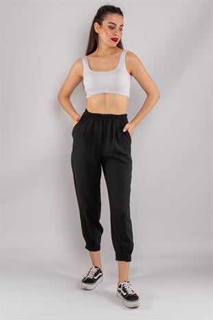 7635 Beli Lastikli Paça Pensli Viscon Şalvar Pantolon