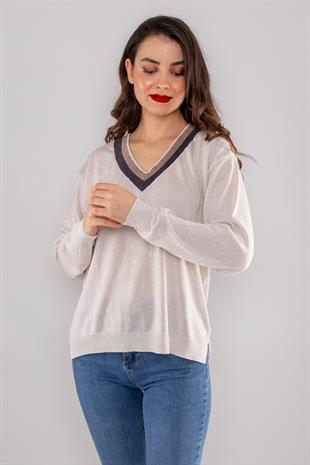 765 Vyaka İki Renk Özel Simli Merserize Kadın Kazak