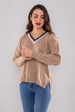 765 Vyaka İki Renk Özel Simli Merserize Kadın Kazak