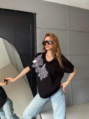 7668 Vyaka Taş Baskılı Yaprak Nakışlı Kısa Kol Tshirt