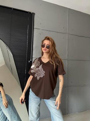 7668 Vyaka Taş Baskılı Yaprak Nakışlı Kısa Kol Tshirt