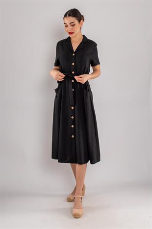 77389 Yakalı Cepli Düğmeli Midiboy Krep Gömlek Elbise