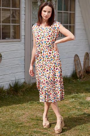 77468 Çok Renkli Belden Kemerli Rahat Elbise