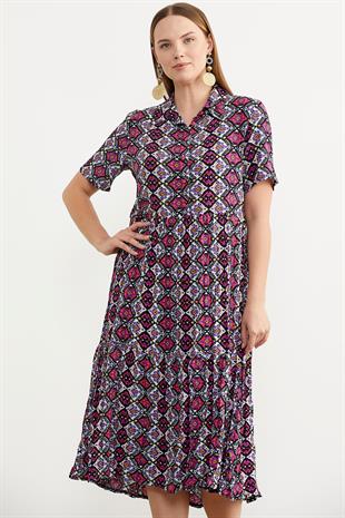 77474 Etnik Desenli Rahat Kalıp Gömlek Elbise
