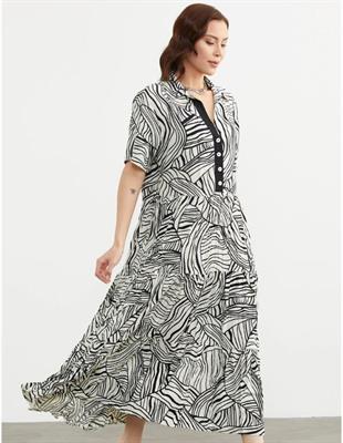 77486 Desenli Gömlek Yaka Dökümlü Midiboy Elbise