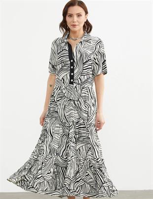 77486 Desenli Gömlek Yaka Dökümlü Midiboy Elbise