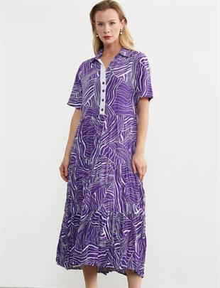 77486 Desenli Gömlek Yaka Dökümlü Midiboy Elbise