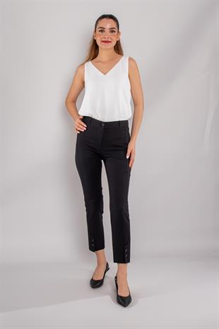 79301 Paça Düğmeli Yandan Çımalı Krep Kumaş Kadın Pantolon