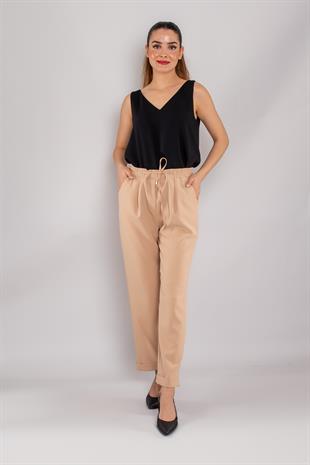 79675 Bel İpli Lastikli Duble Paça Krep  Kumaş Kadın Pantolon