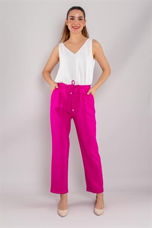 79675 Bel İpli Lastikli Duble Paça Krep  Kumaş Kadın Pantolon