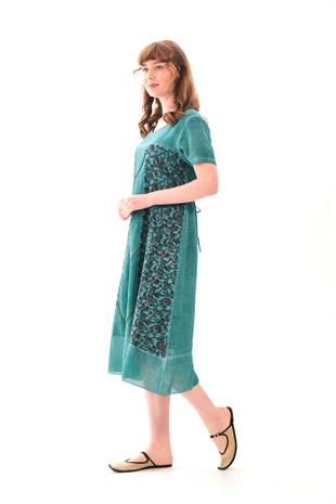 8011 Büyük Beden Çiçek Desenli Kısa Kol Pamuk Otantik Elbise