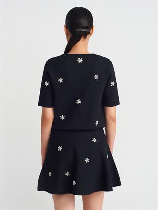 80119 Beli Lastikli El İşi Taş İnci Nakışlı Triko ETEK