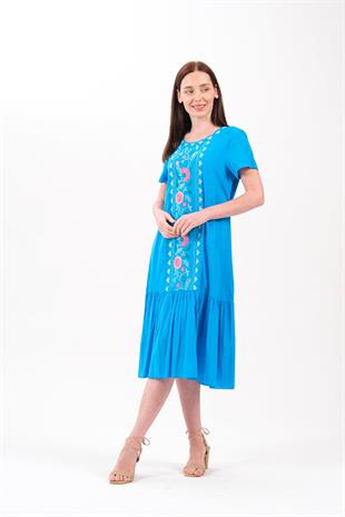 8012 Papatya Nakışlı Kısa Kol Pamuk Otantik Elbise