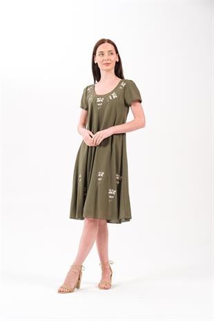 8026 Lale Desen Lazer Kesim Kısa Kol Pamuk Otantik Elbise