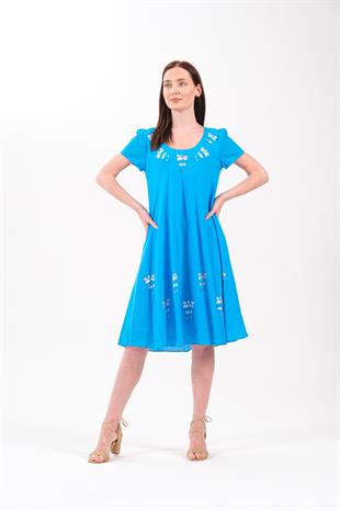 8026 Lale Desen Lazer Kesim Kısa Kol Pamuk Otantik Elbise