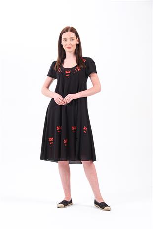 8026 Lale Desen Lazer Kesim Kısa Kol Pamuk Otantik Elbise