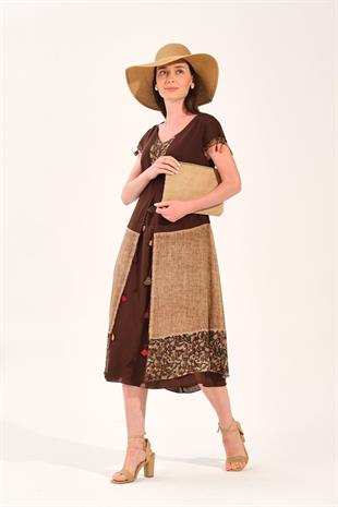 8033 Vyaka Kısa Kol Eteği Parçalı Oya İşleme Otantik Elbise