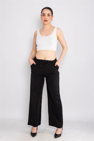 80330 Beli Lastikli Bol Paça Tencel Pantolon