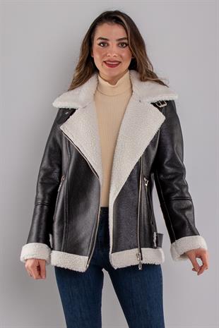 8067 İçi Kürklü Asimetrik Fermuarlı Deri Ceket