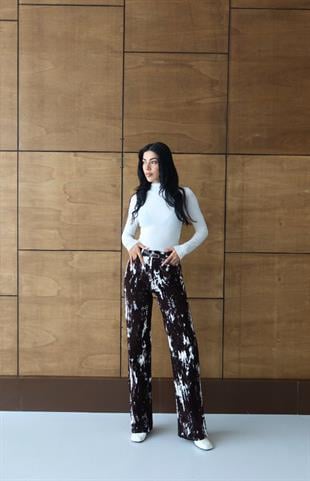 8077 Kadife Flok Baskı Wide Kemerli BolPaça Pantolon