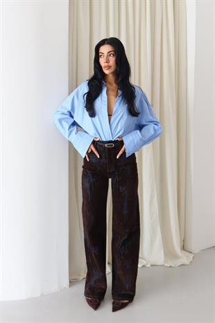 8077 Kadife Flok Baskı Wide Kemerli BolPaça Pantolon