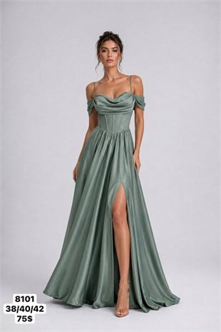 8101 Balenli Saten Uzun Straplez Elbise