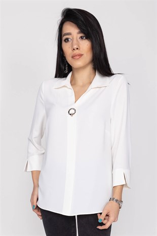 81285 Broşlu Truvakar Kol Krep Bluz