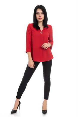 81285 Broşlu Truvakar Kol Krep Bluz