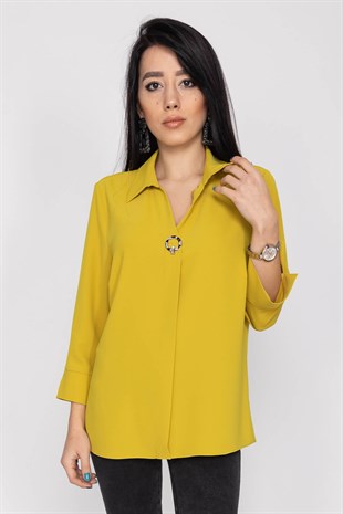 81285 Broşlu Truvakar Kol Krep Bluz