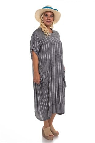 8136 Çizgili Cepli Viscon Elbise
