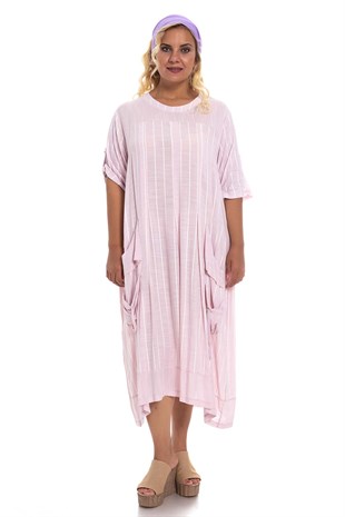 8136 Çizgili Cepli Viscon Elbise