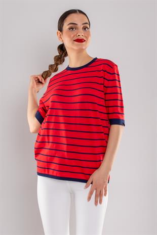 814 Bisiklet Yaka Çizgili Kısa Kol İki Renkli Merserize Kadın Triko