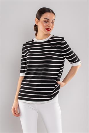 814 Bisiklet Yaka Çizgili Kısa Kol İki Renkli Merserize Kadın Triko
