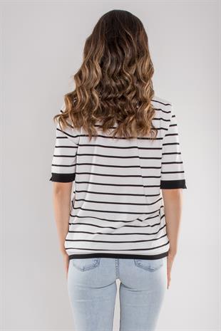 814 Bisiklet Yaka Çizgili Kısa Kol İki Renkli Merserize Kadın Triko