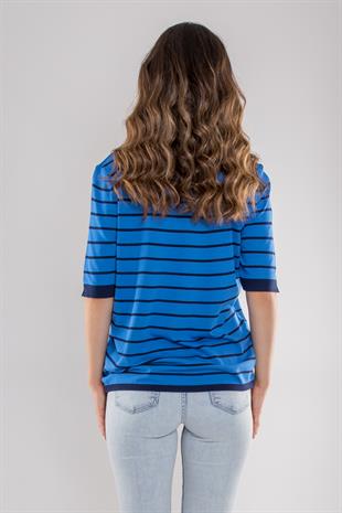 814 Bisiklet Yaka Çizgili Kısa Kol İki Renkli Merserize Kadın Triko