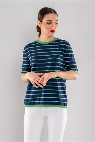 814 Bisiklet Yaka Çizgili Kısa Kol İki Renkli Merserize Kadın Triko