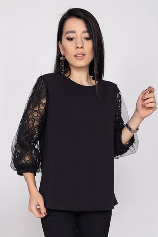 81446 Balon Tül Kol Krep Bluz