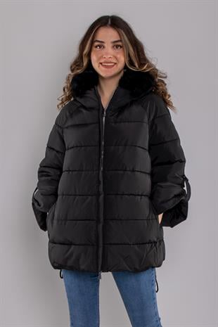 8151 Kapüşonu Peluş Kürk Kol Katlamalı Kapitone Mont