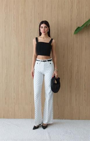 8158 Yüksek Bel Puantiyeli Kemerli Kesik Paça Wide Leg Pantolon