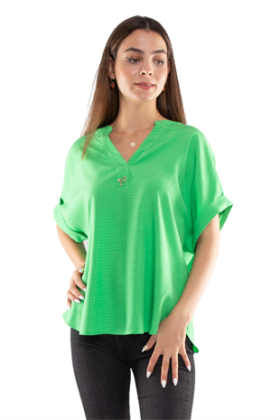 81699 Kendinden Kareli V Yaka Broşlu Viscon Bluz