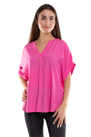 81699 Kendinden Kareli V Yaka Broşlu Viscon Bluz