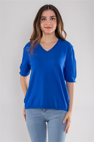 817 Vyaka Kol Uçları Düğmeli Kısa Kol Merserize Kadın Triko