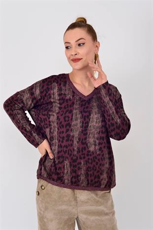 817171 Sim Detay Leopar Desen Vyaka Triko Bluz